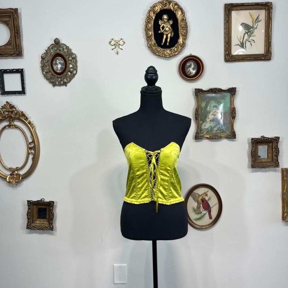 Vintage Y2K Chartreuse Satin Lace-Up Corset Top